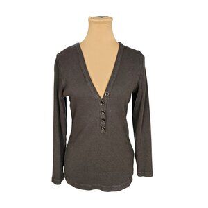 Citizens of Humanity Dark Grey Ribbed Long Sleeve Half Button Top Sz L